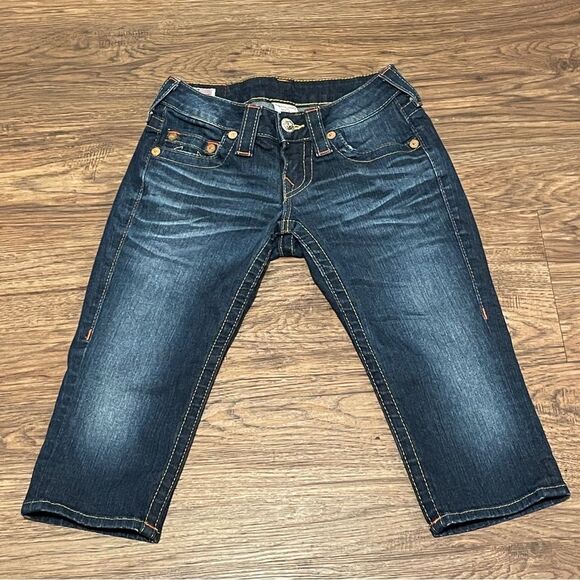 True Religion Low Rise Capri Blue Denim Jeans with Orange Stitching Size 24 - Picture 1 of 11